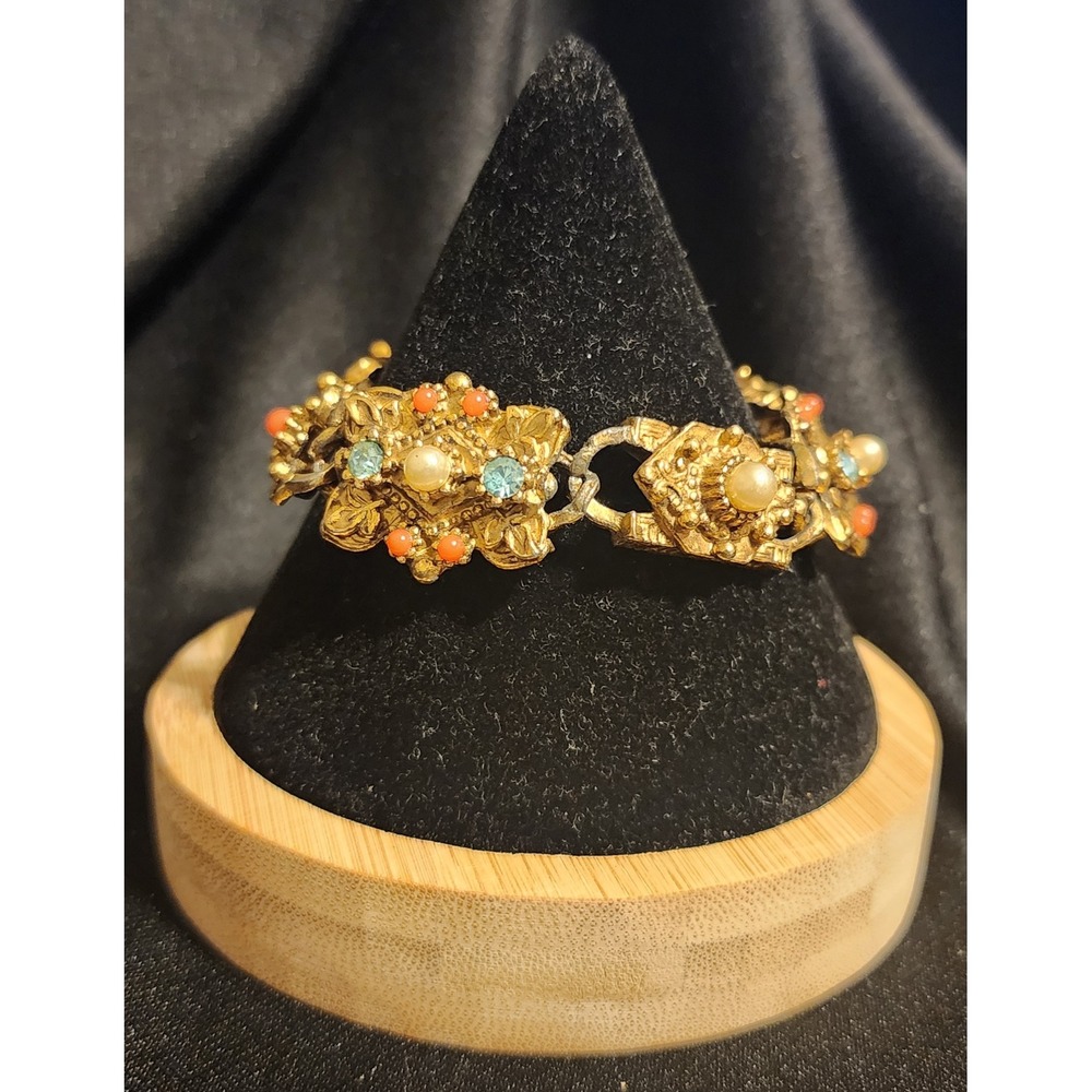 VTG Gold Tone Link Bracelet Faux Pearl Coral Turquoise Floral Victorian Revival